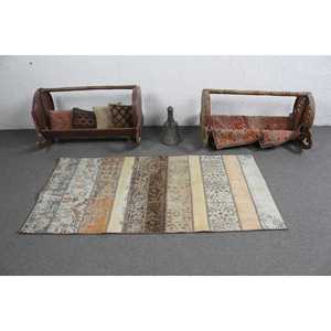 Turkish Rug, Accent 3x5.7 ft Vintage Rug, <b>Brown</b> Blue Ikat <b>Wool</b> Rug - Product Image 3