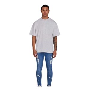 Jeans strappati a spruzzo da uomo in stile blu medio aderente aderente strappati stile Skinny Look di tutti i giorni robusto Streetwear Jeans Denim