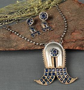 Oxidized <b>Silver</b> Blue Stone Statement <b>Necklace</b> <b>Set</b> with Stud <b>Earrings</b> Gift for Wife - Product Image 1