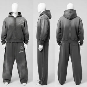 ชุดเซ็ตฮู้ดดี้และกางเกงวอร์มทรงบาน แต่งซิป แต่งคริสตัลหลากสี สไตล์สตรีทแวร์ สำหรับผู้ชาย ไซส์พลัส ผ้าระบายอากาศได้ดี ดีไซน์ขาดๆ แบบมีสไตล์  ลายกราฟิกด้านหน้า - Product Image 5