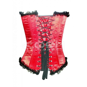 Corset sur mesure en satin rouge avec baleines en acier et volants noirs - Product Image 6