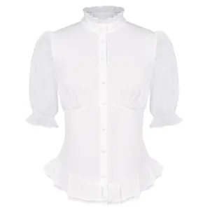 महिला कॉलर के लिए ओएम विंटेज कंट्रास्ट कपड़े शर्ट 1/2 आस्तीन के लिए रूफल्ड हेम शीर्ष