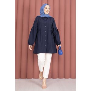Túnica Azul Marino de Popelina para Mujer, Camisa Casual con Cuello, Estampado de Moda en Algodón, Botones, Cintura Fruncida, Holgada para Otoño, Talla XL - Product Image 4