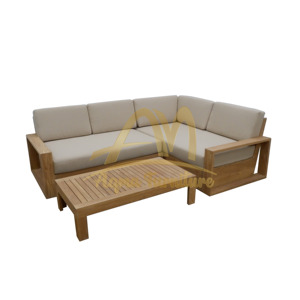 Canapé en forme de L en teck avec coussin crème pour extérieur, fabriqué en Indonésie - Product Image 1