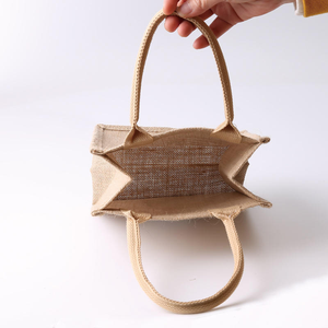 Logo personnalisé de haute qualité petit sac fourre-tout de luxe épicerie avec toile de jute lin rayé et poignée en cuir PU - Product Image 4