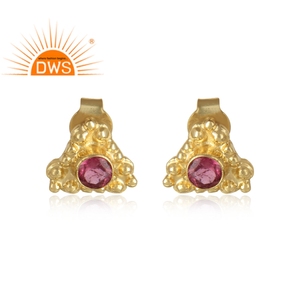 Boucles d'oreilles pour femmes Tourmaline rose taille ronde pierre précieuse plaqué or bijoux en argent Sterling fabricant - Product Image 1