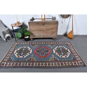 Alfombra étnica Vintage turca clásica de 3,9x7 pies de lana Azul Rojo diseño de retazos área grande para adolescentes rectángulo pasillo modelo látex - Product Image 1