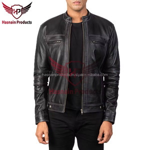 <b>Mens</b> Real Black Leather <b>Jacket</b> Contrast Stitch Band Collar Sheepskin Cafe Racer Coat Custom Vintage Winter Biker Outerwear - Product Image 4