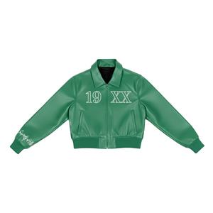ผู้ผลิตเสื้อแจ็คเก็ตวาร์ซิตี้แบบกำหนดเอง ตัวอักษรกรีก ปี 19XX |   เสื้อแจ็คเก็ตบอมเบอร์หนัง PU ปักลายเชนิลล์ ผู้ผลิตแบบ OEM รับผลิตตามสั่ง - Product Image 2
