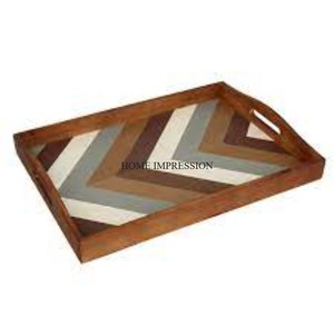 Feuilles multicolores Finition émaillée moderne Art créatif de haute qualité Plateau rond en bois d'Inde - Product Image 6
