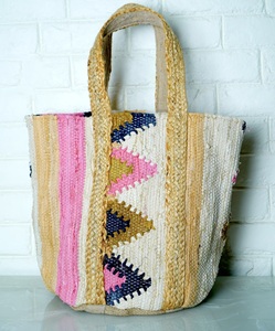 Sac fourre-tout bohème en jute rayé avec broderie à motif géométrique, ouverture supérieure, sac à main d'été pour femme, capacité 3L+ - Product Image 1