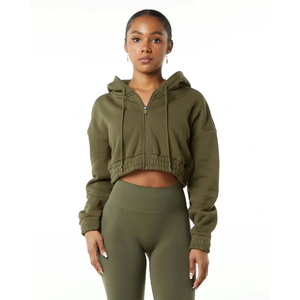 Sudadera con capucha corta clásica con cremallera completa para mujer 55% algodón 45% Spandex estilo de hombro caído de gran tamaño recortada ajuste invierno con capucha Color humo - Product Image 1