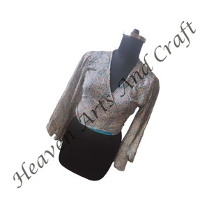 Top de corbata de seda multicolor, Top de seda reciclada para mujer, Top de abrigo de seda india, Top Hippie de manga de campana, Top de seda estilo Retro informal - Product Image 5