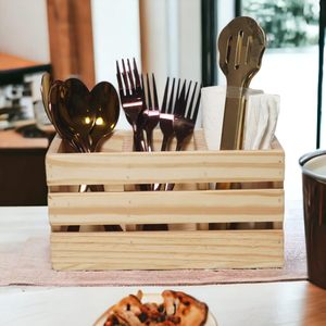 Moderno Porta Cubiertos de Madera Natural Hecho a Mano, Organizador de Mesa Duradero con Múltiples Compartimentos, Diseño de Listones para Cucharas, Tenedores y Cuchillos - Product Image 6