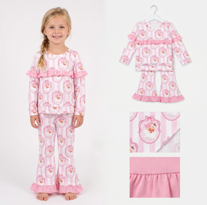 Conjuntos de ropa navideña para bebés y niñas, con lazos de rayas rosas, top de Papá Noel y pantalones acampanados - Product Image 4