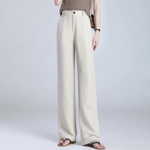 Pantalon à jambes larges en lin pantalon drapé taille haute mince d'été pour femmes pantalon droit ample décontracté coton - Product Image 6