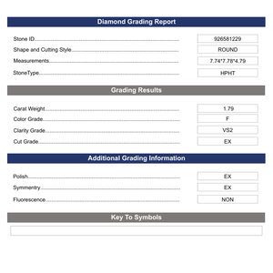 Diamante Redondo de Laboratorio de 1.79 Quilates VS2/F con Corte y Pulido EX para Anillos de Compromiso Elegantes (Unisex) - Product Image 1