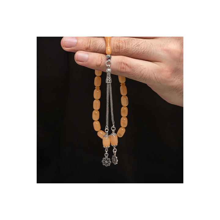 Silver Tassel Crimped Amber Rosary