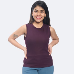 Camiseta sin mangas acanalada de nueva tendencia para mujer, mezcla de poliéster de Color vino, cuello redondo, punto elástico, personalizable de alta calidad - Product Image 1