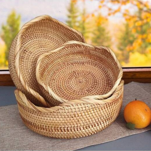 Juego de bandejas de mimbre natural de 3 piezas hechas a mano con cuencos de mimbre decorativos redondos, Color de tamaño personalizable para almacenamiento de cocina - Product Image 1