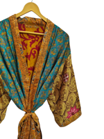 Fait à la main indien Vintage soie recyclée Sari Kimono Patchwork Kimono Robe Bikini couvrir vêtements de nuit longue Robe,