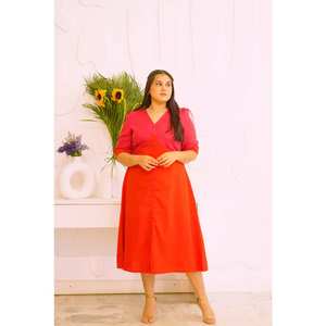 Robe midi rouge élégante pour femmes, robe d'église formelle solide à manches longues, robe évasée rouge grande taille personnalisée pour la carrière des femmes - Product Image 2