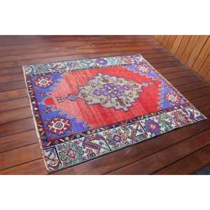 3x3.7 ft Rug, Turkish Vintage Rug, <b>Red</b> Ikat <b>Wool</b> Rug - Product Image 2