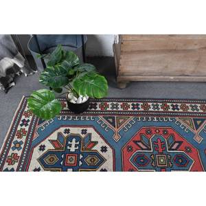 Alfombra étnica Vintage turca clásica de 3,9x7 pies de lana Azul Rojo diseño de retazos área grande para adolescentes rectángulo pasillo modelo látex - Product Image 5