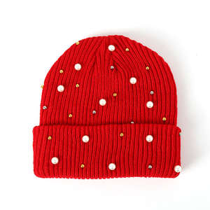 Gorro de Punto de Moda Otoño-Invierno para Mujer, Color Sólido, Cálido, con Perlas y Remaches, Gorro de Invierno al por Mayor - Product Image 3
