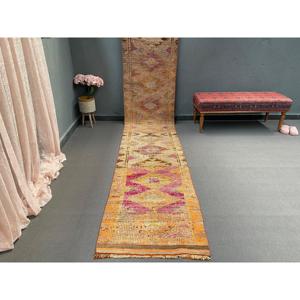 Vintage <b>Rug</b>, 2.5x13.7 ft <b>Runner</b> Turkish <b>Rug</b>, Herki Orange Pink Floral <b>Rug</b> - Product Image 1