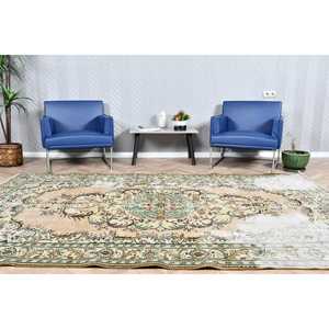 Turkish Rug, 6.3x9.7 ft Vintage Rug, Green <b>Yellow</b> Bordered <b>Wool</b> Rug - Product Image 1