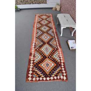 พรมขนาด 3.1x11.4 ฟุต, พรมวินเทจตุรกี, พรมขนสัตว์คิลิมสีส้ม - Product Image 1