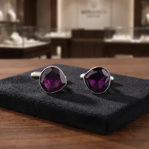 Boutons de manchette artisanaux en améthyste naturelle, sertis d'argent sterling 925, bijoux unisexes faits à la main, élégants pour tenue formelle - Product Image 5