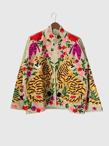 Veste en coton tissé pour femme, brodée à la main, motif floral tigre, col mandarin, manches longues, grande taille, pour le printemps - Product Image 1