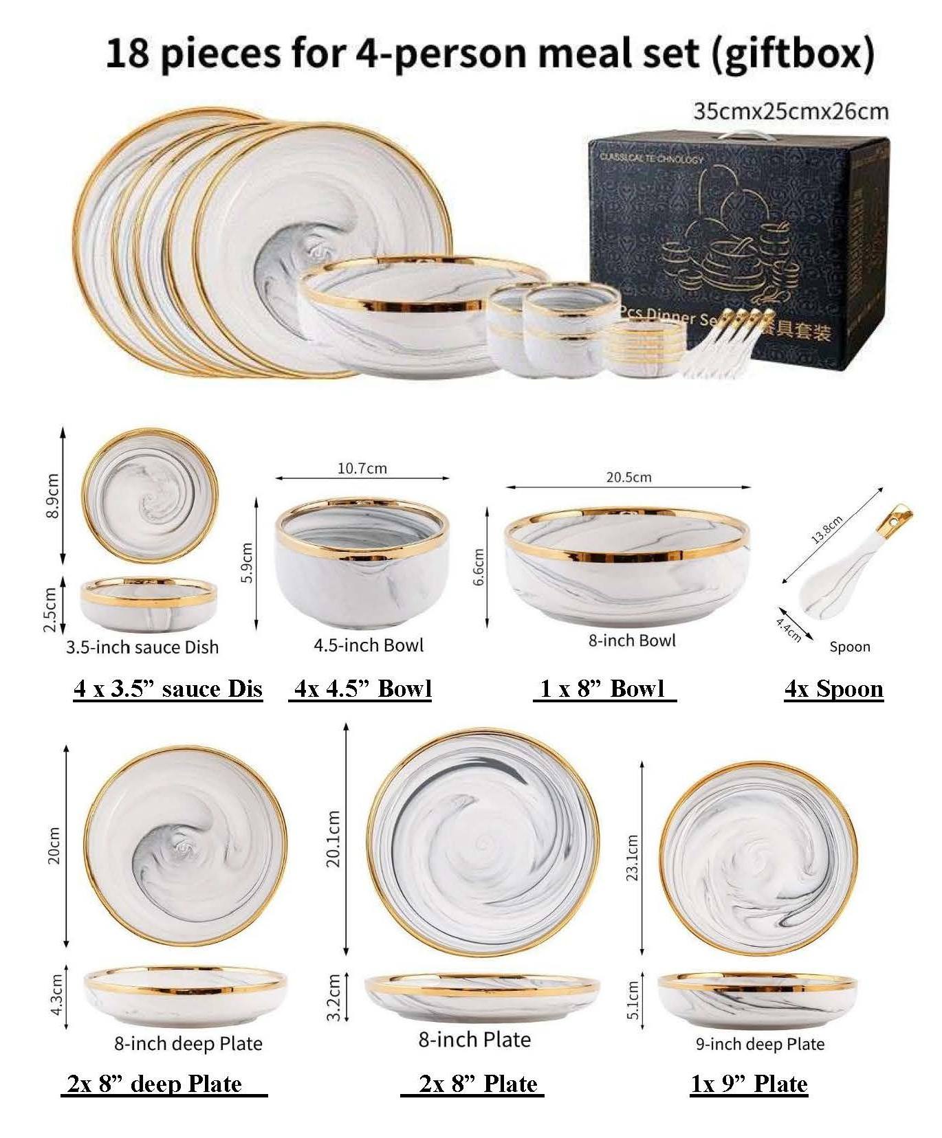 18 piezas para un juego de comida para 4 personas.