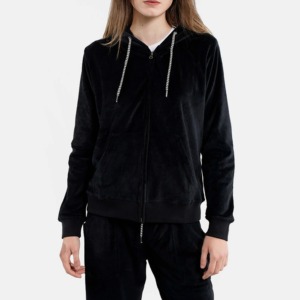 Sudadera con capucha de terciopelo con cremallera de color vino de algodón para mujer - Product Image 1