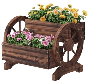 Wagon en <span class=keywords><strong>bois</strong></span> <span class=keywords><strong>jardinière</strong></span> avec roues chariot de jardin décoratif pour fleurs herbes légumes intérieur extérieur Patio ferme décor - Product Image 1