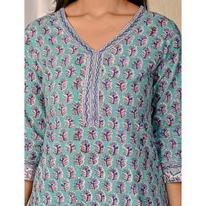 ชุดคุรตะผ้าฝ้ายพิมพ์ลายบล็อกสีเทอร์ควอยซ์ แขนสามส่วน สำหรับใส่ในชีวิตประจำวัน - Product Image 2