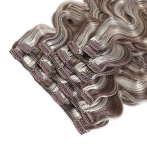 Extensions de cheveux humains vierges brésiliens à clipser, ondulés, 8 pouces, mélange brun cendré et blond - Product Image 4