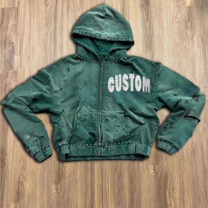 100% coton biologique français éponge fermeture éclair sweat à capuche court Streetwear en détresse déchiré acide lavé strass à capuche - Product Image 2