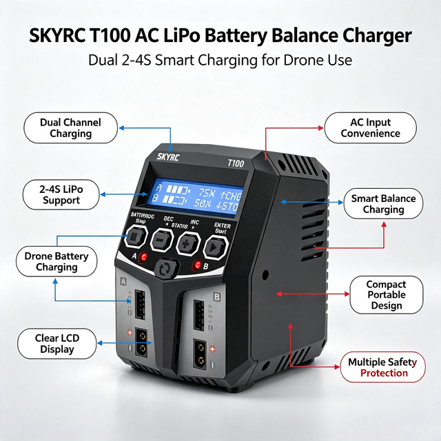 SKYRC T100 AC Lipo Battery Balance Charger for Drone Use Dual 2-4S Smart Charging