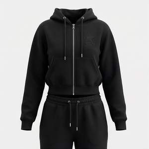High Quality <b>Women</b> Two Piece Solid Crop Top And <b>Jogger</b> Pants Set Cotton <b>Fleece</b> Elastic Waist Sweatsuits With Hood Casual Style - Product Image 1
