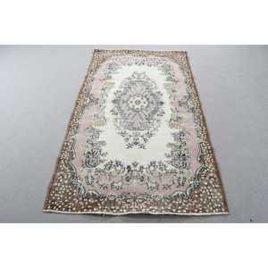 Vintage Turkish Area Rug 3,8x6,8 ft, <b>Brown</b> Pink Moroccan <b>Wool</b> Rug - Product Image 1