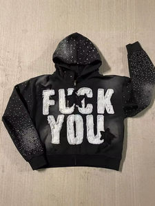 Sweat à capuche oversize personnalisable en coton 100% délavé noir avec fermeture éclair, style streetwear, lettres en strass, haute qualité pour homme - Product Image 4