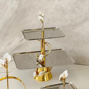 Plateau de service en métal avec décoration de lys Plateau rectangulaire en acier inoxydable de luxe pour restaurant hôtel - Product Image 5