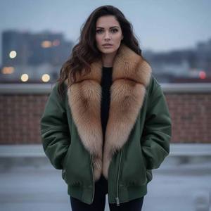 Chaqueta de Cuero Genuino para Mujer, Estilo Bomber y Motera, con Cuello de Piel de Zorro, Cierre de Cremallera, Cortavientos, Ropa de Abrigo para Invierno - Product Image 1