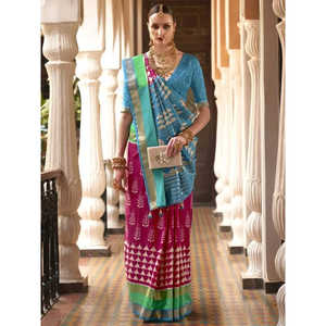 ผ้าไหมปาโตลาสีชมพูและฟ้าอ่อนพิมพ์ลายดิจิทัลสำหรับงานแต่งงาน - Product Image 4