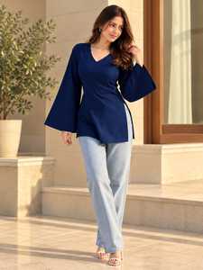 Women’s Solid Navy Blue V Neck Bell Sleeve Tunic <b>Top</b> – Wholesale Casual Fashion Blouse Rayon Casual and Ethnic Wear Short <b>Kurti</b> - Product Image 4
