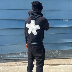 Conjunto de Sudadera con Capucha y Pantalones Cortos para Hombre, Diseño de Parches Desgastados en Rosa, Estilo Urbano, Sudadera con Cremallera Completa y Pantalones Cortos a Juego, Atuendo Moderno - Product Image 6