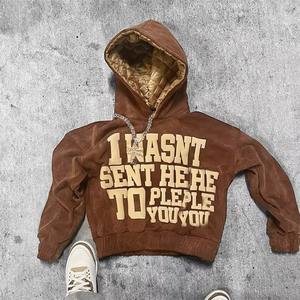 Trendy Unisex Cropped Puff Print Letter Hooded Sweatshirts Quilted Vintage Streetwear Style Custom Logo Oversized for Men <b>Women</b> - Product Image 4